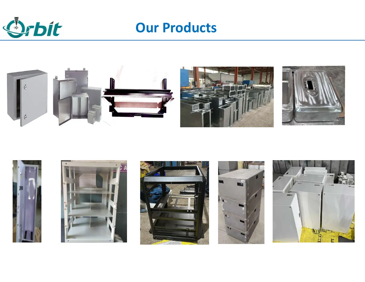 A selection of fabricated enclosures, cabinets, racks and sheet-metal products shown in Orbit's company profile.