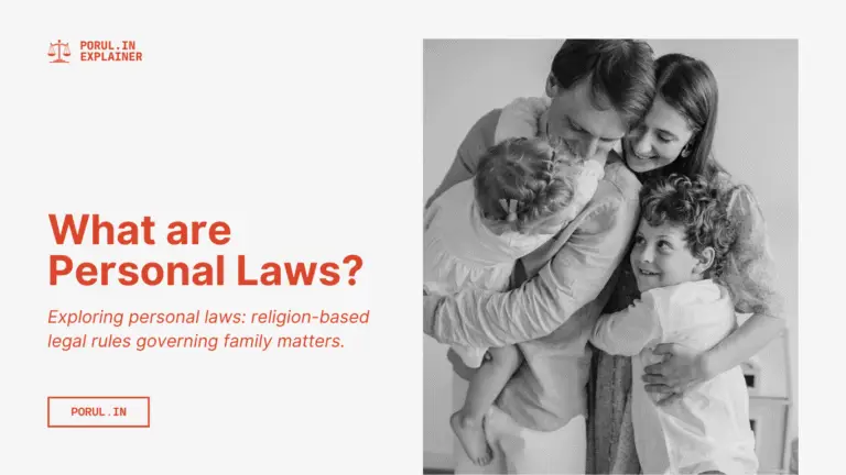 Illustration explaining personal laws—religion-based legal rules governing marriage, divorce, and inheritance, with text: 'What are Personal Laws?